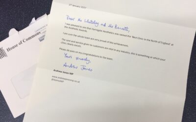Harrogate Aesthetics is commended by Andrew Jones MP